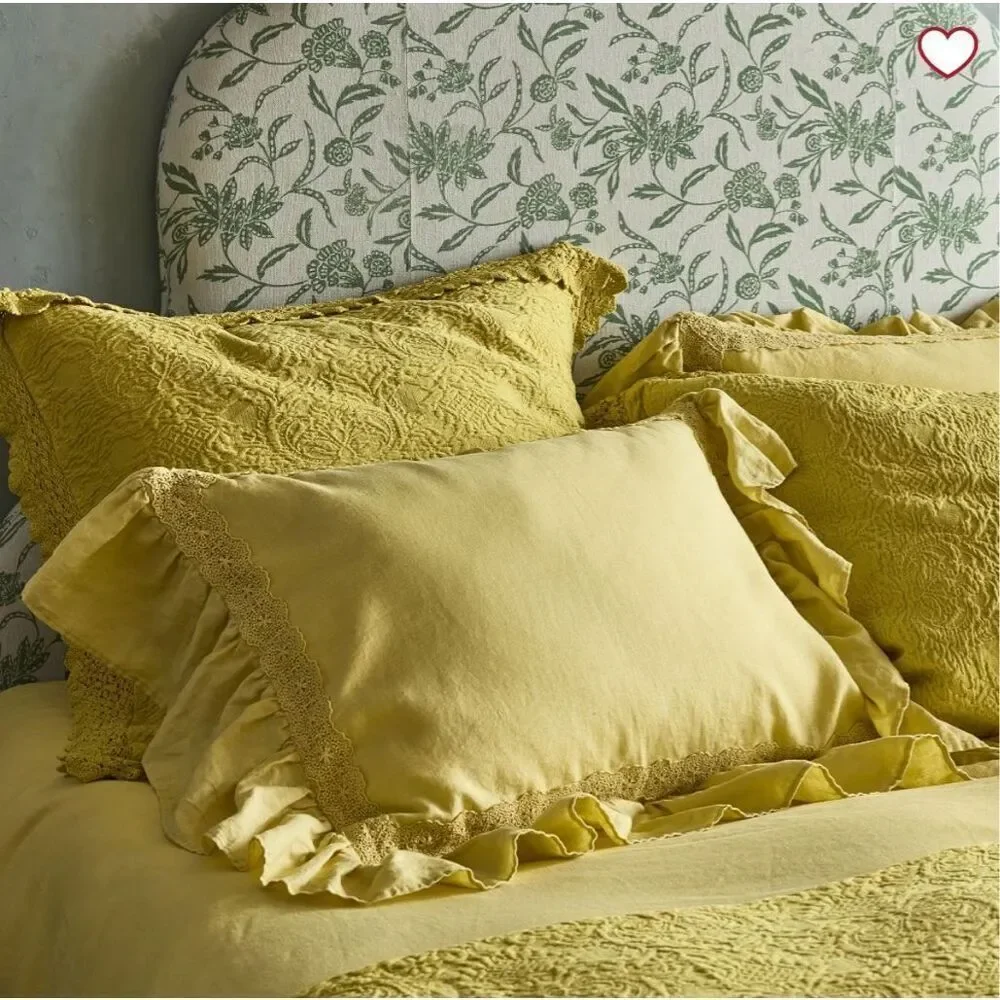 Pottery Barn Green Row Linen Ruffle Crochet Duvet Cover & Sham Twin Marigold